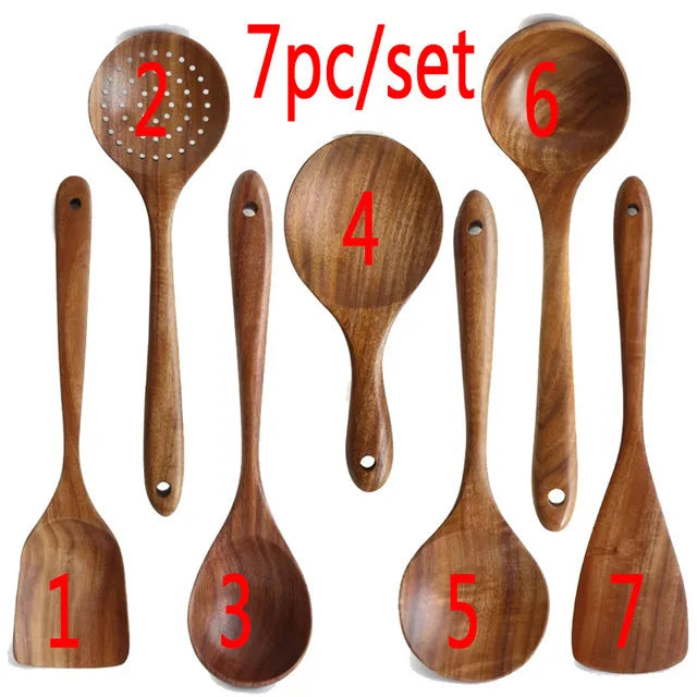 1-10 PC Wooden Cooking Spoons Sets