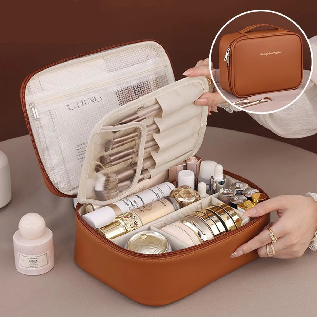 Leather makeup portable bag with high-end outdoor capacity