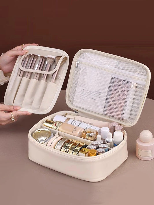 Leather makeup portable bag with high-end outdoor capacity