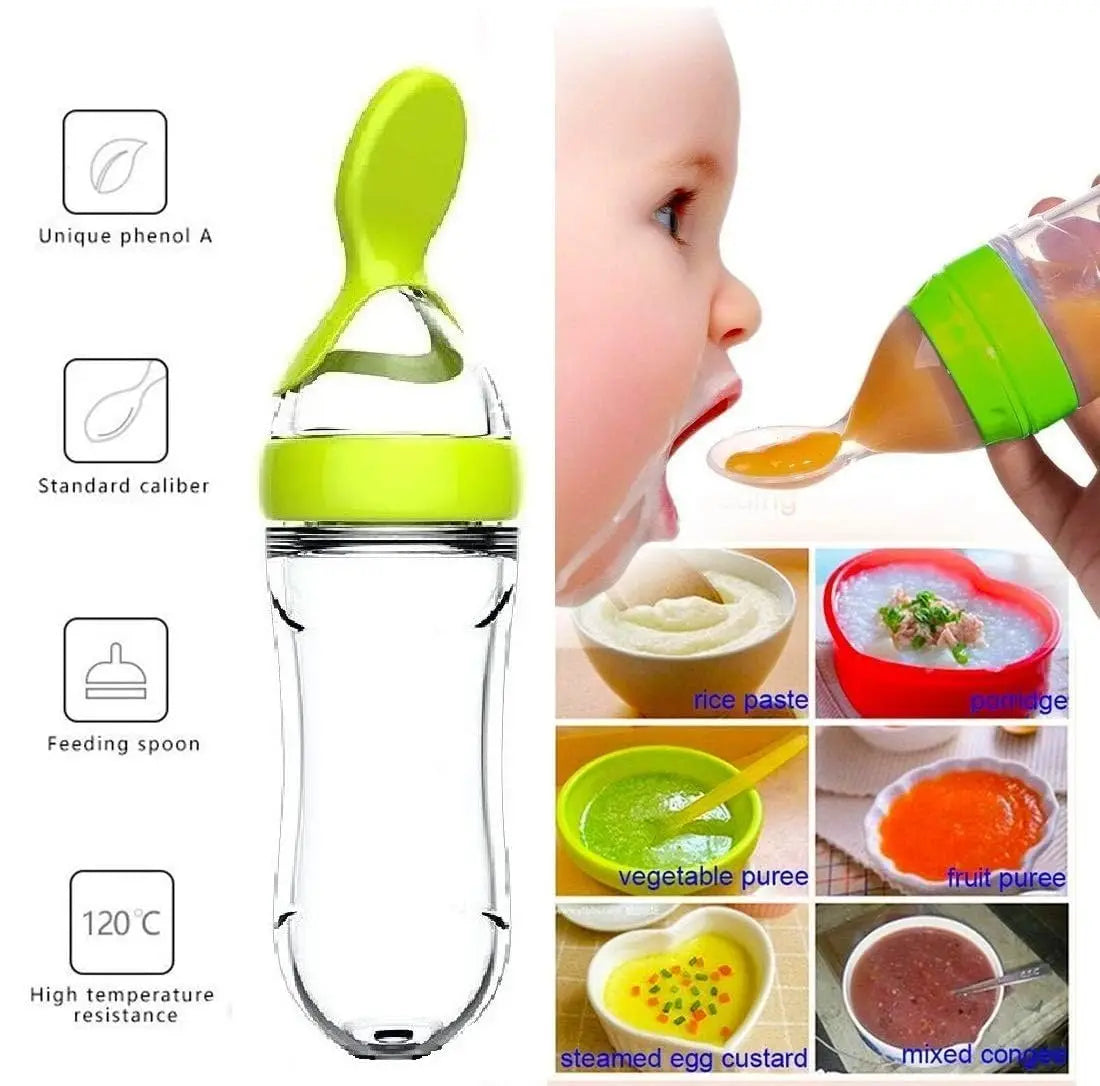 Silicone Baby Squeeze Feeding Bottle with Spoon – Infant Food Feeder