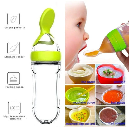 Silicone Baby Squeeze Feeding Bottle with Spoon – Infant Food Feeder