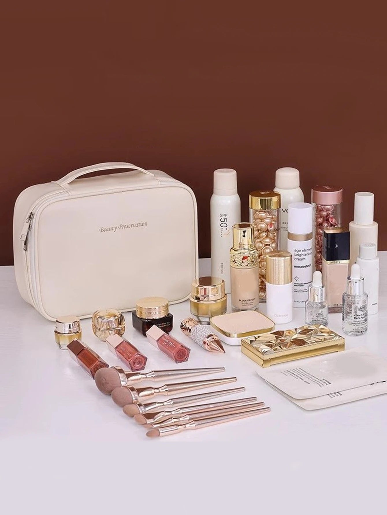 Leather makeup portable bag with high-end outdoor capacity